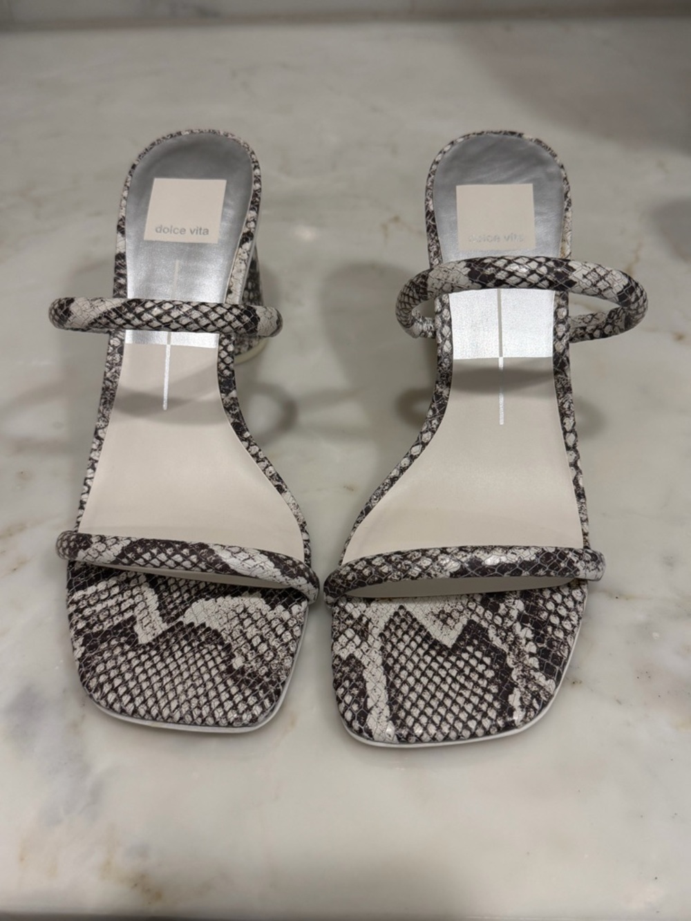 New!! Dolce Vita Snake-Print Double Strap Heels in White and Gray